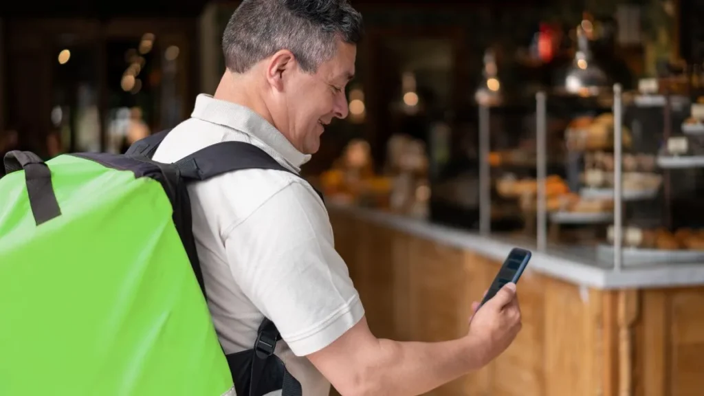 Repartidor de delivery con mochila de comida en Estados Unidos