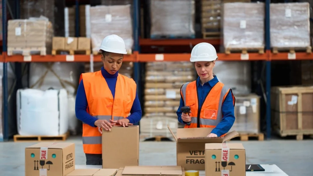 Personal trabajando en logística nocturna en un centro de distribución