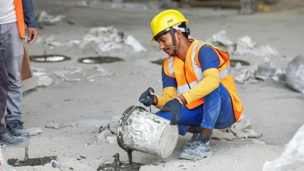 Obrero de construcción con casco y chaleco de seguridad certificado OSHA