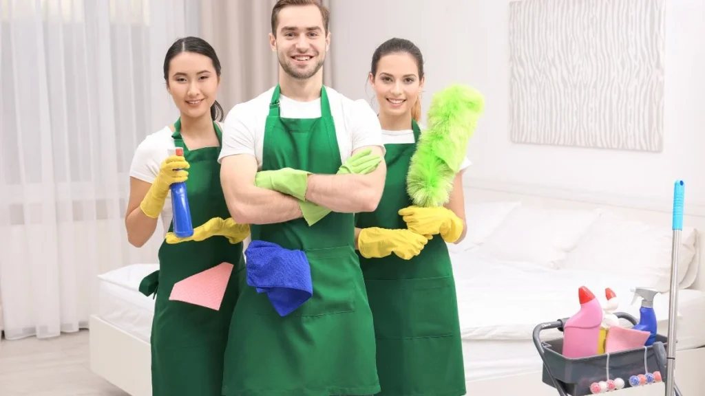 Dueño de negocio de limpieza con su equipo y materiales de trabajo